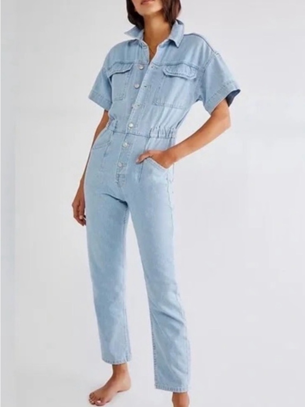 We The Free Light Blue Denim Short-Sleeve Button Jumpsuit